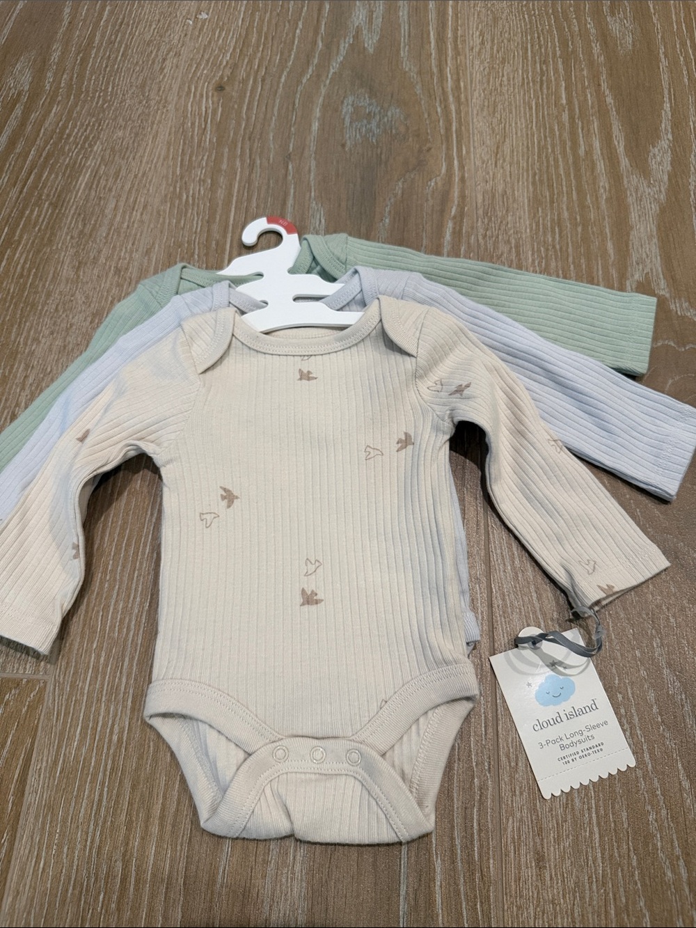 Cloud Island Neutral Ribbed Long-Sleeve One-Piece Bodysuit - 3 Pack